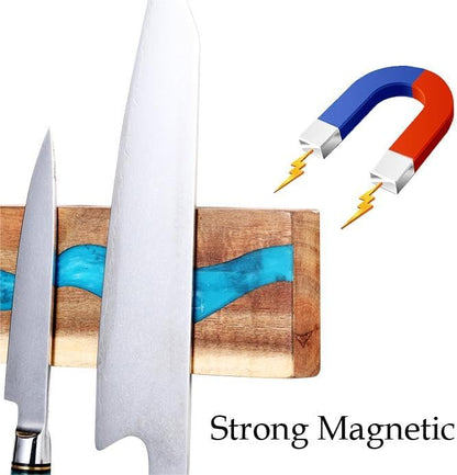 Magnetic Knife Holder, 15.7 Inch Walnut Wood and Resin Magnetic Knife Bar for Wall, Heavy Duty Magnet Holds 8 Knives, Handcrafted Ocean Blue (Ocean's Embrace)