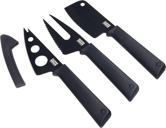 Kuhn Rikon COLORI+ Non-Stick Cheese Knife Set with Safety Sheaths, Set of 3, Black