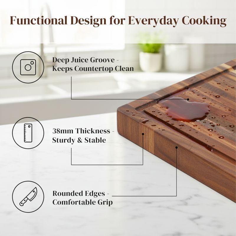 Premium Acacia Wood Butcher Block Cutting Board, 14" x 10" x 1.5" Thick Edge Grain with Deep Juice Groove, Solid Hardwood Serving Platter, Non-Toxic & BPA Free by New M Way
