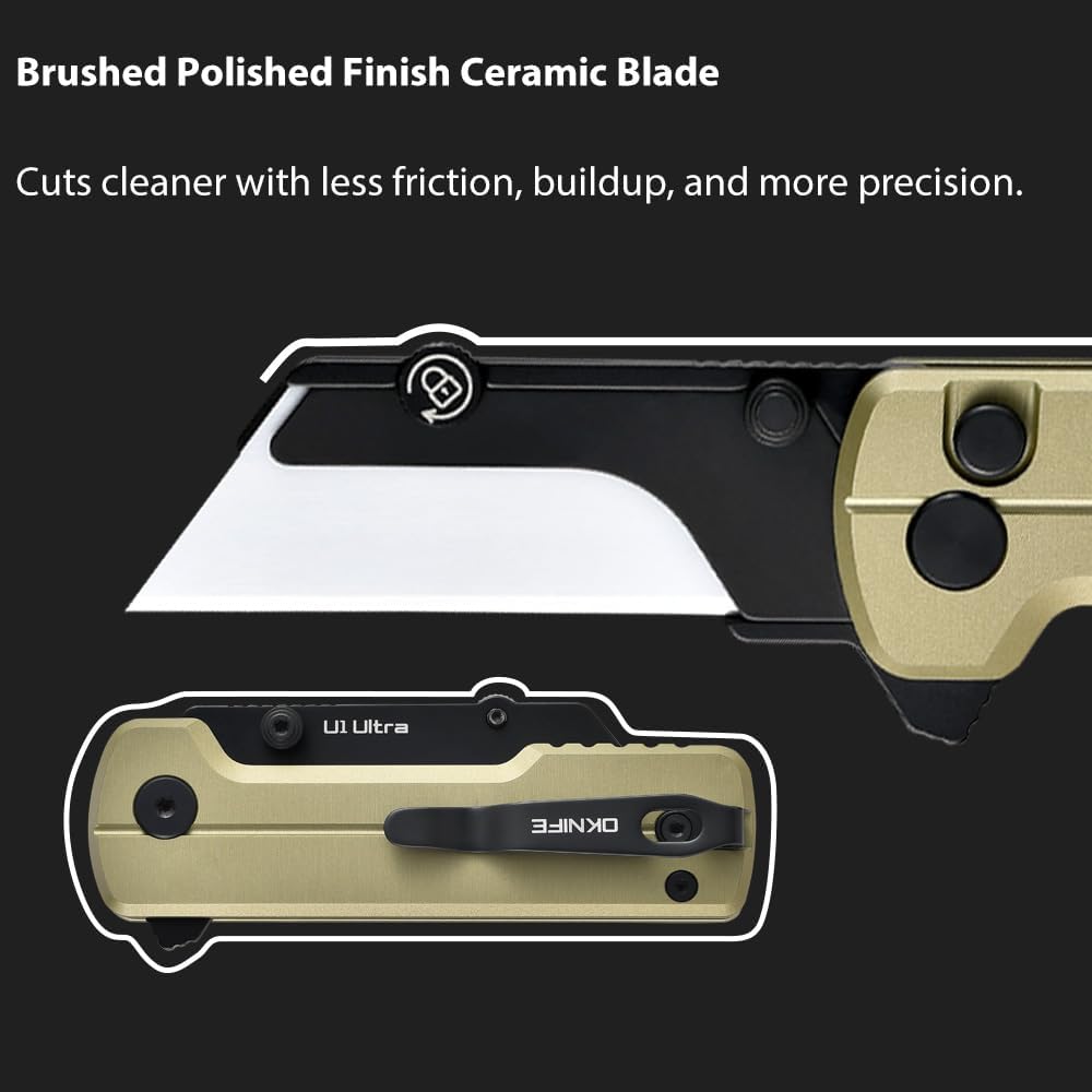 OKNIFE U1 Ultra Titanium Pocket Folding Utility Knife w/Ceramic Blade, Button Lock EDC Box Cutter with Clip for Men Women
