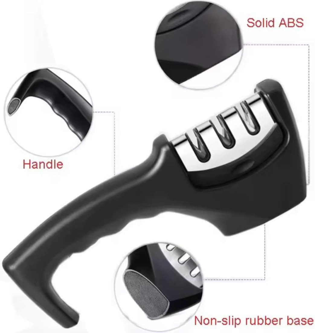 3-Stage Manual Knife Sharpener – Professional Kitchen Knife Sharpening Tool with Non-Slip Base & Ergonomic Handle – Coarse, Fine & Ceramic Slots – Portable & Easy to Use, Black