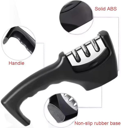 3-Stage Manual Knife Sharpener – Professional Kitchen Knife Sharpening Tool with Non-Slip Base & Ergonomic Handle – Coarse, Fine & Ceramic Slots – Portable & Easy to Use, Black
