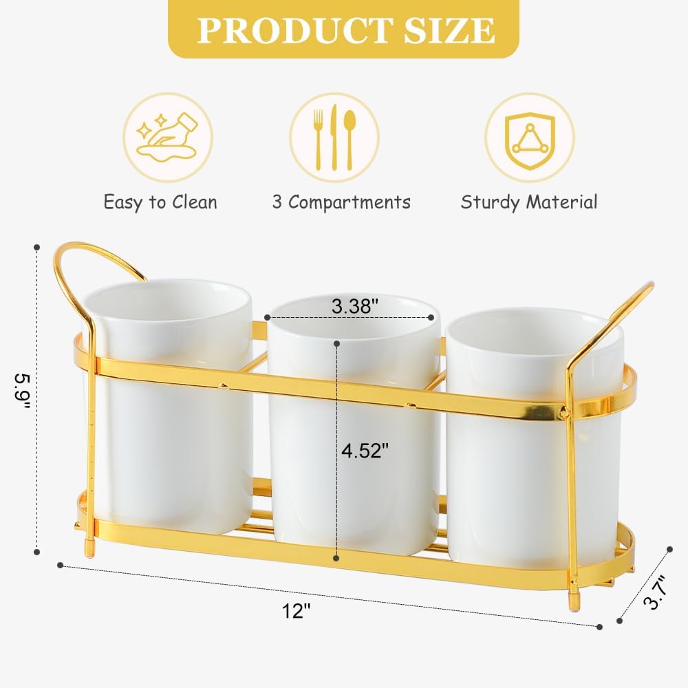 3-Piece White Ceramic Silverware Cutlery Holder with Black Metal Rack, Utensil Holder Flatware Caddy Cutlery Storage Organizer for Kitchen and Countertop (White)
