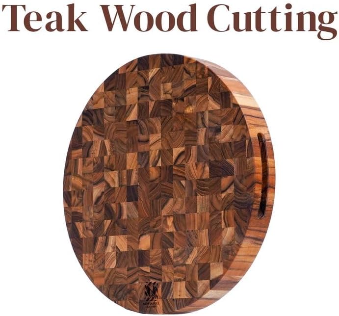 Teak Wood Round End Grain Cutting Board 11.8 Inch, Non Toxic Solid Wood Cutting Board for Kitchen Prep, Pizza & Serving Board with Handle by New M Way