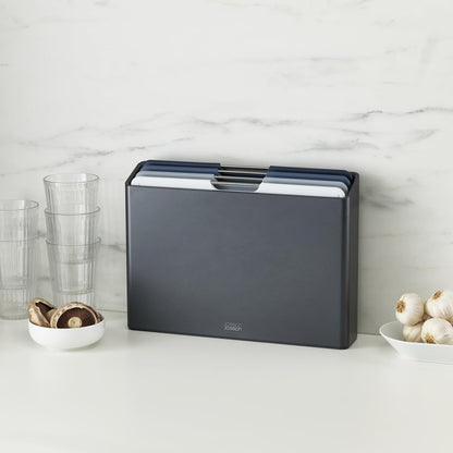 Joseph Joseph Folio 4-Piece Colour coded Cutting Board Set, Slimline case for organized Kitchen storage, Graphite