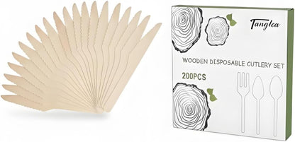 200 Disposable Knives - 6.5 Inch Long Wooden Cutlery - Biodegradable Silverware for Catering Formal Events, Parties, Picnics, Camping, Travel, Weddings, and Other Occasions