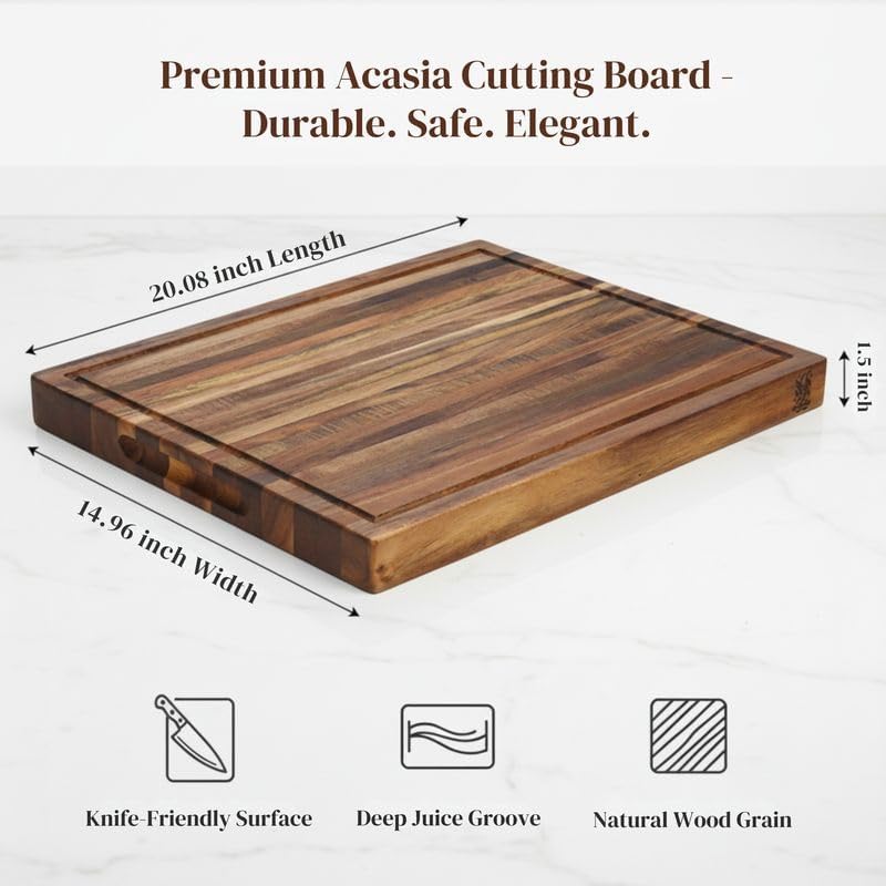 Premium Acacia Wood Butcher Block Cutting Board, 14" x 10" x 1.5" Thick Edge Grain with Deep Juice Groove, Solid Hardwood Serving Platter, Non-Toxic & BPA Free by New M Way