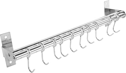 ASkinds Utensil Hanging Rack Stainless Steel Rail Hanger Rod Wall Mounted Pot Pan Lid Holder Cookware Storage Organizer with Sliding Hooks for Kitchen Bathroom
