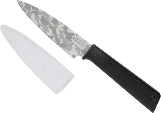 Kuhn Rikon Colori+ Non-Stick Straight Paring Knife with Safety Sheath, 4 inch/10.16 cm Blade, Funky Fruit Strawberry