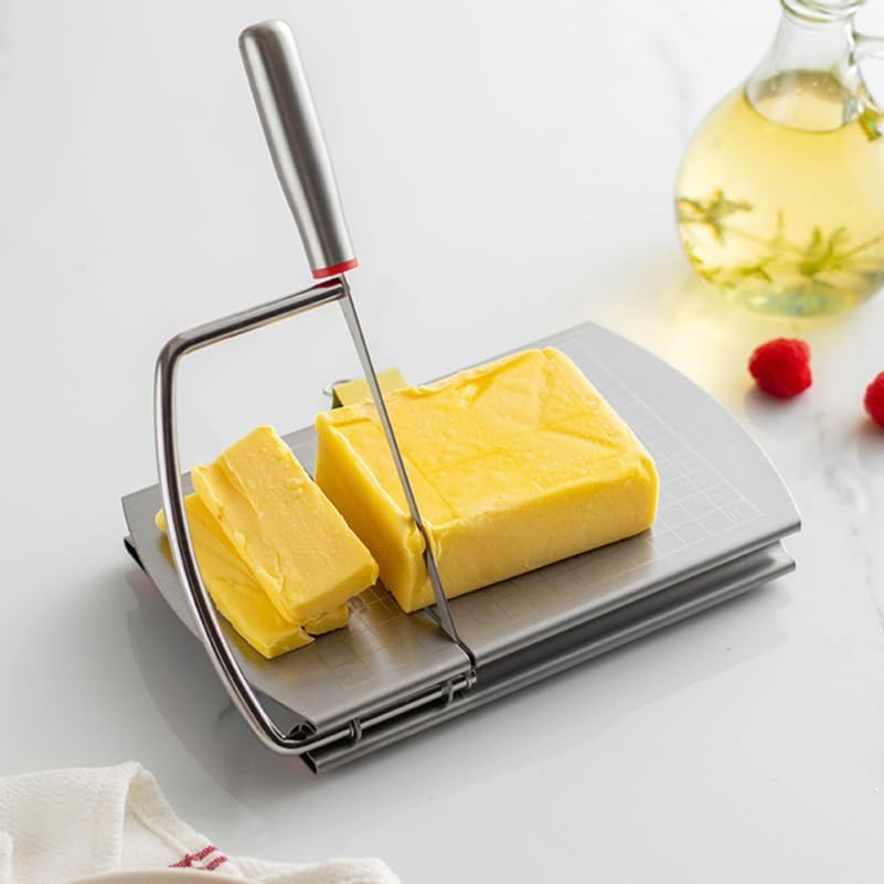 Garneck Cheese Slicer Stainless Steel Cutter Board with Blade: Manual Block Cheese Butter Sausage Ham Fruit Vegetable Slicer for Kitchen Countertop Charcuterie Picnic Prep