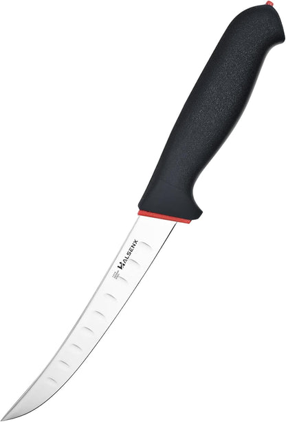 6PCS Professional Butcher Knife Set with Softgrip, 8" Butcher, 6" Semi-Flex/Stiff Boning, 5" Skinning, 8" Sharpener Rod & Knife Roll Bag for Home Kitchen, Camping, Hunting