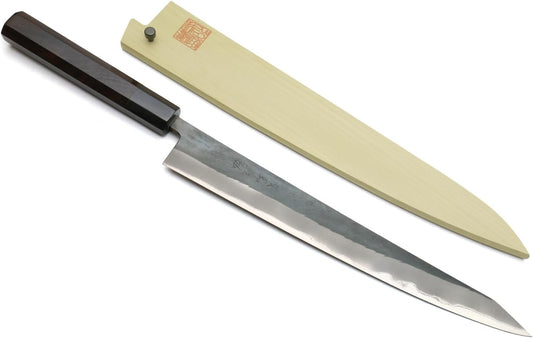 Yoshihiro Kurouchi Black-Forged Blue Steel Stainless Clad Sujihiki Kiritsuke Slicer Knife Ebony Handle (9.5"(240mm) & Saya Cover)