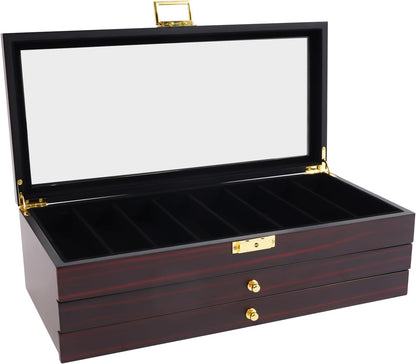 Single Tier Pocket Knife Display Case 8 Slot Lockable Knife Storage Box Knife Collection Display Holder with Transparent Glass Top & Drawer for Utility Knife, Camping Knife (Ebony Color)