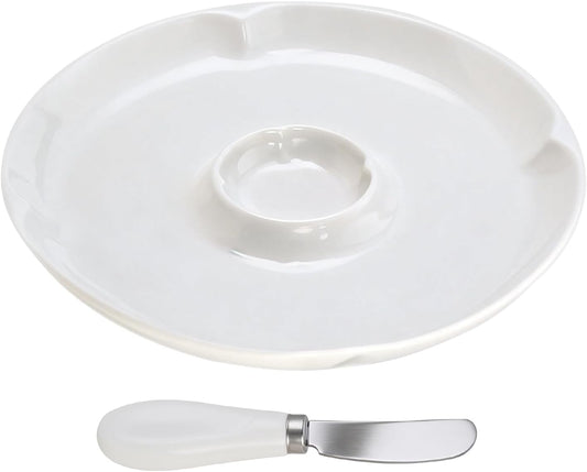 Cheese Ball Serving Dish Set, Cheese Ball Platter with Spreader Knife, White Ceramic, Spacious Design for Easy Serving Crackers and Bread Slices, Ideal for Parties and Entertaining