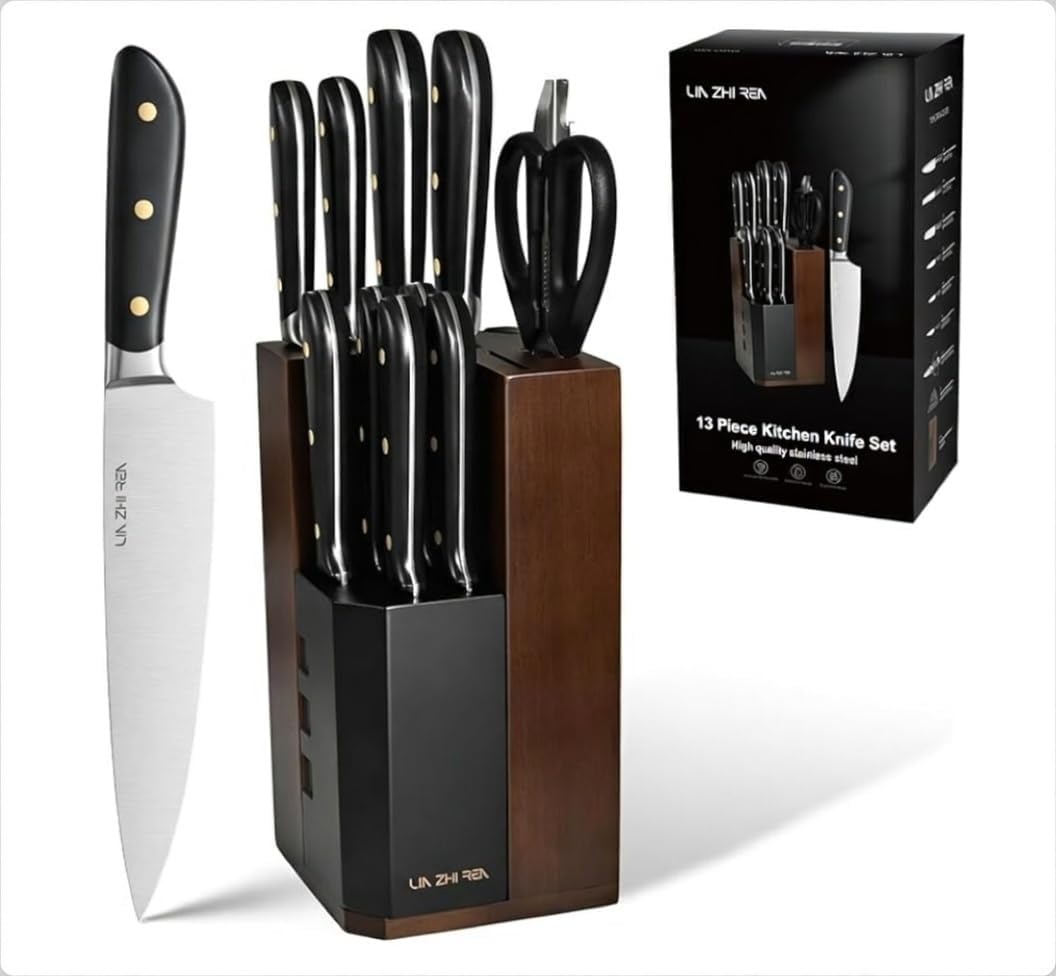 14-Piece Kitchen Knife Set with Detachable Block, High Carbon Stainless Steel Dishwasher Safe Knives, Includes Chef, Santoku, Bread, Steak Knives for Home Kitchen,White