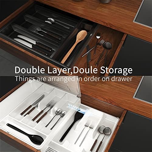 Double Layer Silverware Tray with Lid, Drawer Organizer for Utensil Tray, Cutlery Storage Holder with Cover, Black