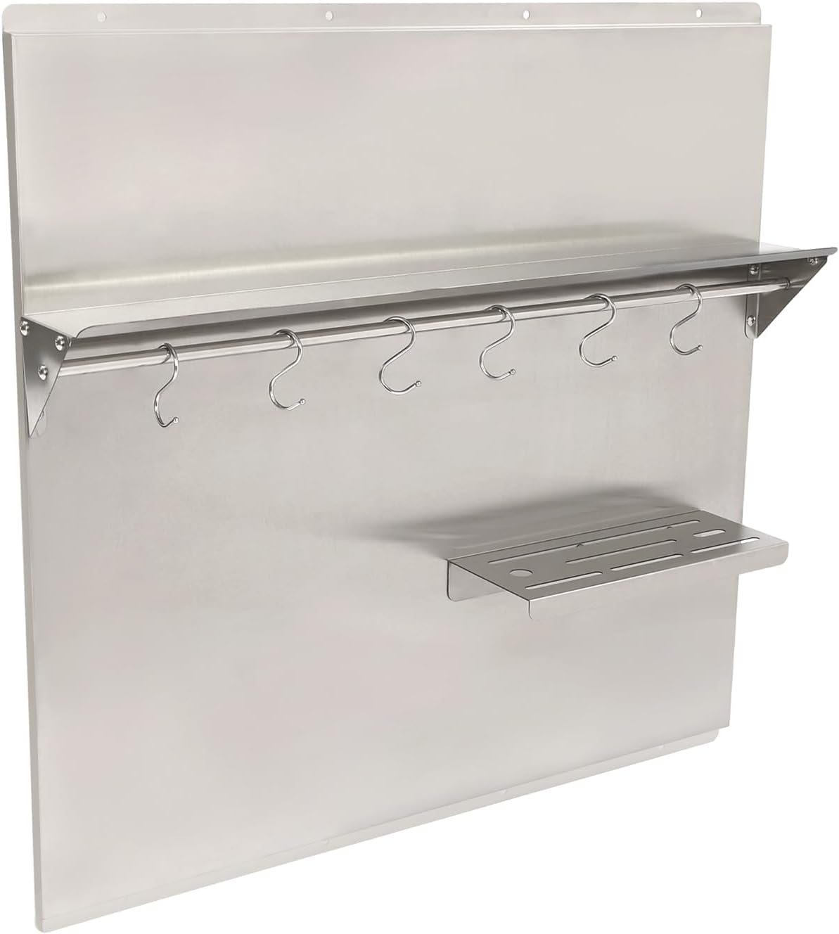 29.5x29.5 In Stainless Steel Range Backsplash with Shelf, Knife Rack, Hooks & Crossbar, Silver Splash Plate for Range Hood, Wall Mounted, Model: dbf6bcd2-8c68-4117-9b2b-8ed5c9e043a2