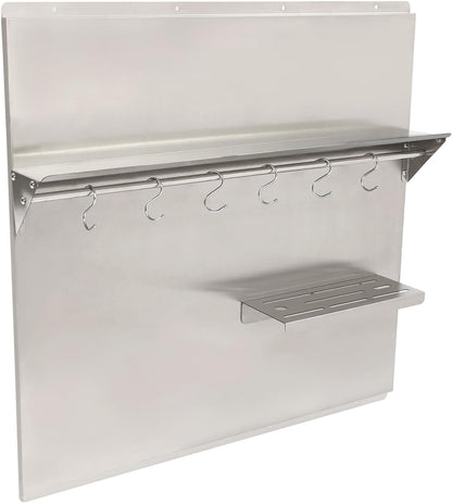 29.5x29.5 In Stainless Steel Range Backsplash with Shelf, Knife Rack, Hooks & Crossbar, Silver Splash Plate for Range Hood, Wall Mounted, Model: dbf6bcd2-8c68-4117-9b2b-8ed5c9e043a2