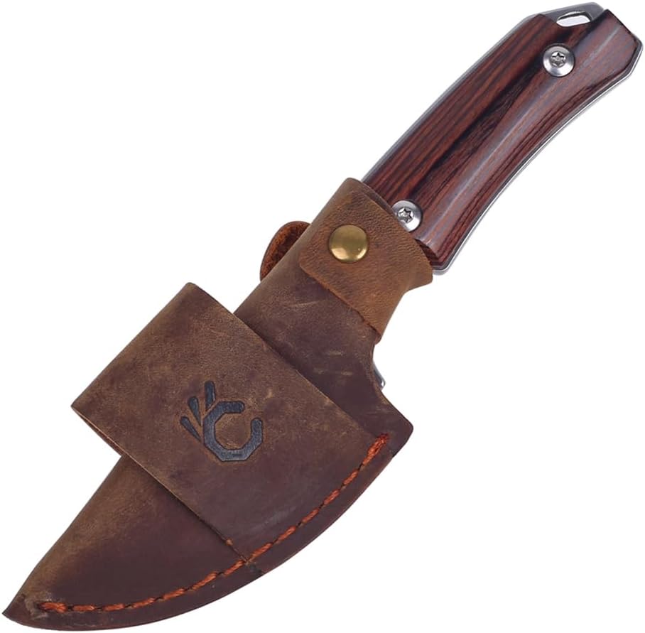 Cool Hand 5.98" Knife with Leather Sheath, Full Tang Compact Horizontal Carry Knife, Leather Belt Loop Sheath with Buckle, Outdoors Drop Point 440C Fixed Blade, Ram Horn Handle