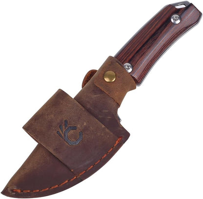 Cool Hand 5.98" Knife with Leather Sheath, Full Tang Compact Horizontal Carry Knife, Leather Belt Loop Sheath with Buckle, Outdoors Drop Point 440C Fixed Blade, Ram Horn Handle