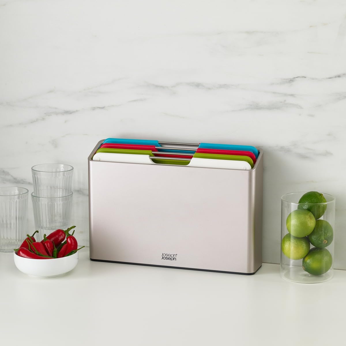 Joseph Joseph Folio 4-Piece Colour coded Cutting Board Set, Slimline case for organized Kitchen storage, Graphite