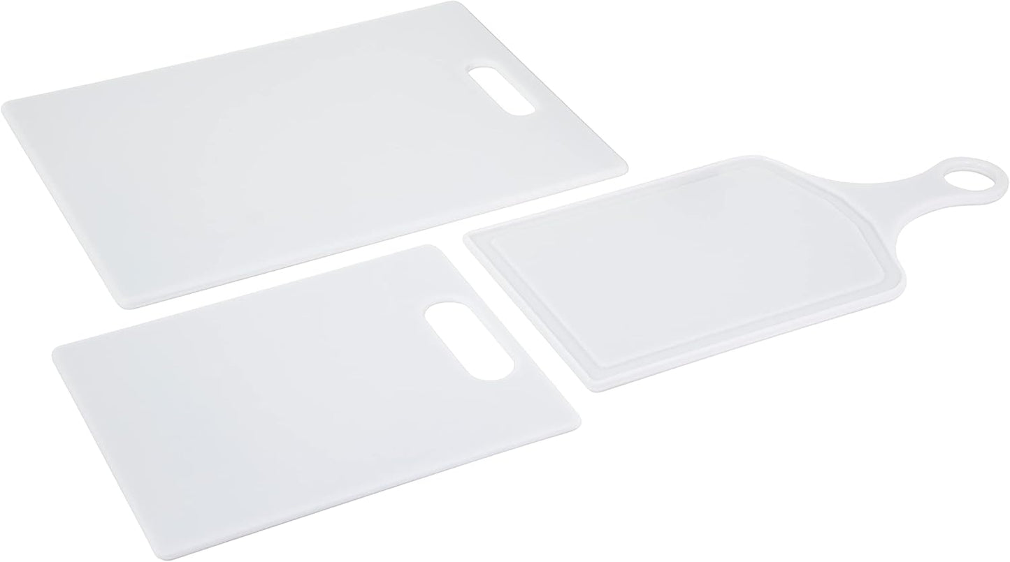 Farberware 3-Piece Plastic Cutting Board Set, Dishwasher-Safe Poly Chopping Board for Kitchen with Paddle, Charcuterie Board Set, White