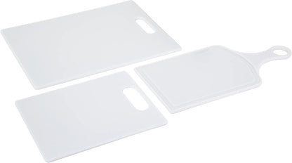 Farberware 3-Piece Plastic Cutting Board Set, Dishwasher-Safe Poly Chopping Board for Kitchen with Paddle, Charcuterie Board Set, White