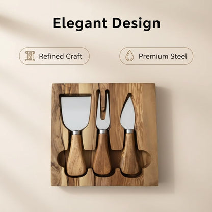 Tephra & Form Cheese Knives Set with Premium Olive Wood Holder | Stainless Cheese Knifes for Charcuterie Board & Cheese Spread | Housewarming Gift for Party, Wedding, and Christmas - 3 Piece Set
