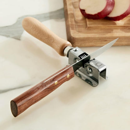 Knife Sharpener - Handheld Manual Sharpening Tool for Fixed Blades, Pocketknives, and Kitchen Knives - Blade Sharpener with Rotating Steel Wheel Sharpening Discs and Beech Handle by Kings County Tools