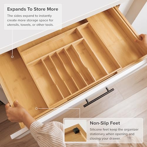 KitchenEdge Premium Silverware, Flatware and Utensil Organizer for Kitchen Drawers, Food-Safe Contract Grade, Expandable from 18 to 33 In, Gray Bamboo