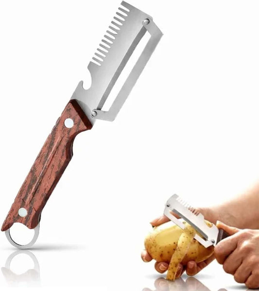 3-1 Multi-functional Vegetable Peeler, 2026 New Ktchen Multi-function Stainless Steel Thickened Fruit Peeler Knife with Wooden Handle,Suitable for Peeling Fruits and Shredding Scallions (A-2PCS)
