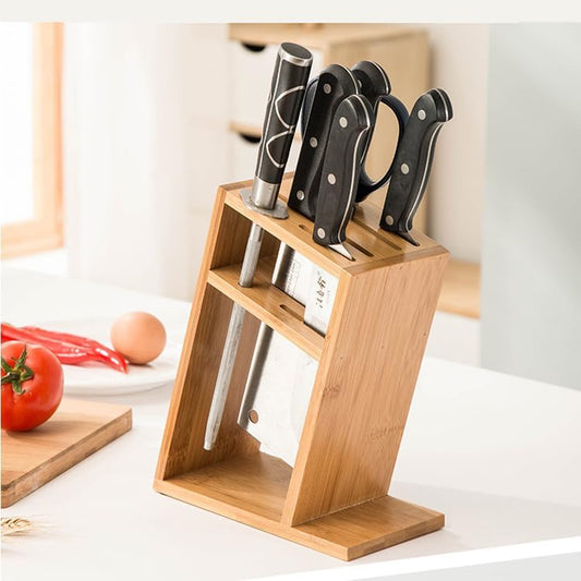 Wood Knife Block, Kitchen Knife Holder Countertop 6 Slots Knife Block with Scissors Slot Kitchen Knife Set for Knife, Scissor, Sharpenner Knife Organizer