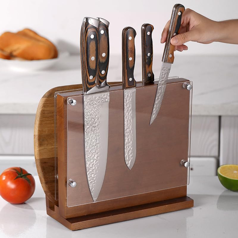 Magnetic Knife Block with Acrylic Shield, Double-Sided Kitchen Knife Holder, Acacia Wood, Universal Storage Organizer