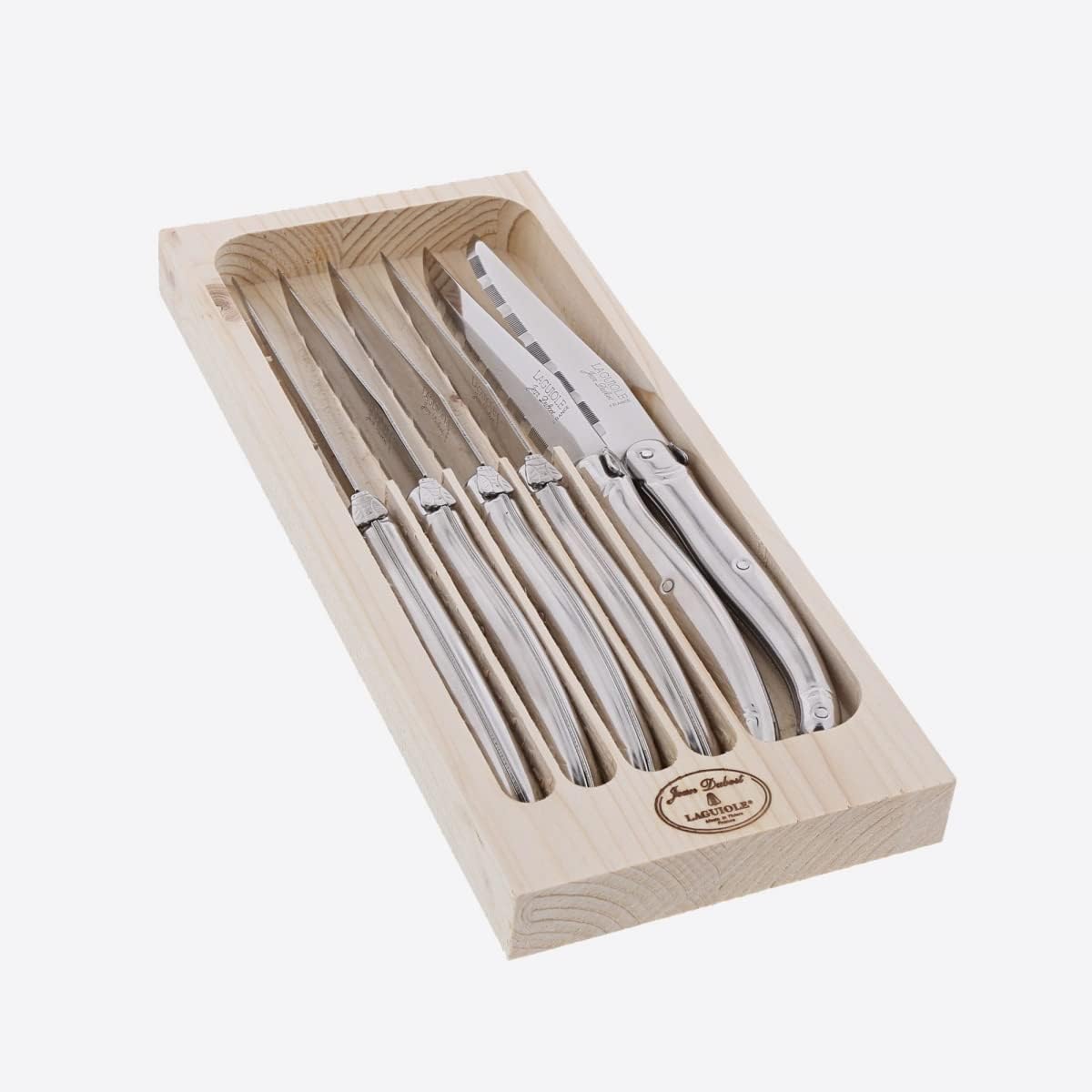 Jean Dubost Laguiole 6-Piece Steak Knife Set, Stainless Steel Handles - 2.5 mm Blades - Rust-Resistant Stainless Steel - Includes Wooden Tray - Made in France