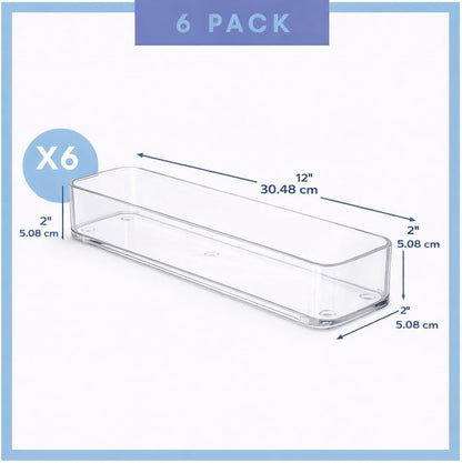 primebox Six Pcs. Plastic Clear Drawer Organizers. Stackable Storage Trays for Kitchen Utensils and Silverware. 2 Sizes. Stackable