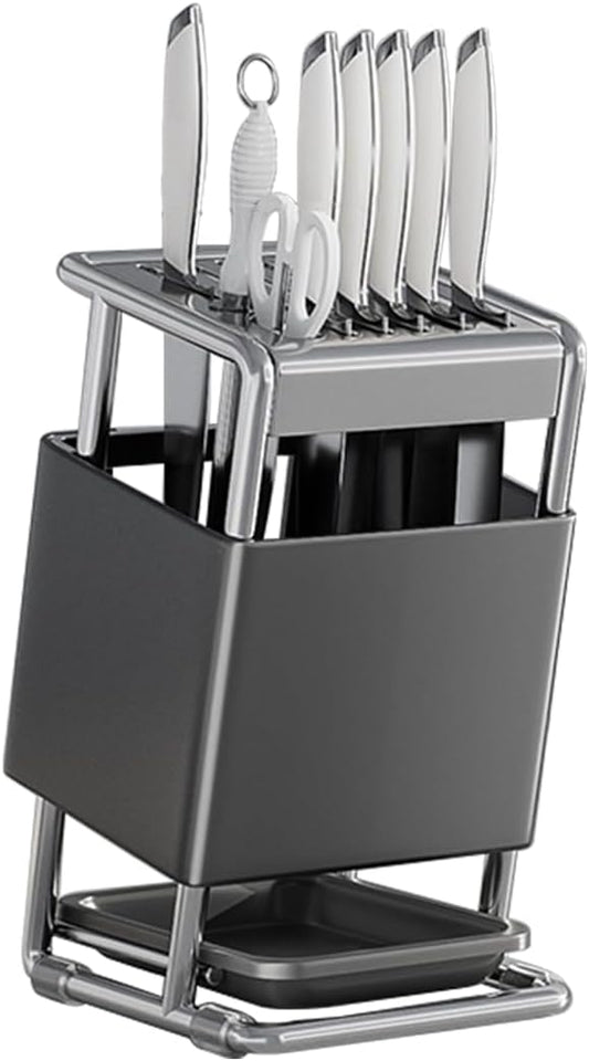 Knife Block with Drain Tray, Knife Holder without Knives, Kitchen Storage Knife Rack Decoration, Slanted Knife Stand, Countertop Knife Storage, Carbon Steel Cutlery Display Organizer (Silver,A)