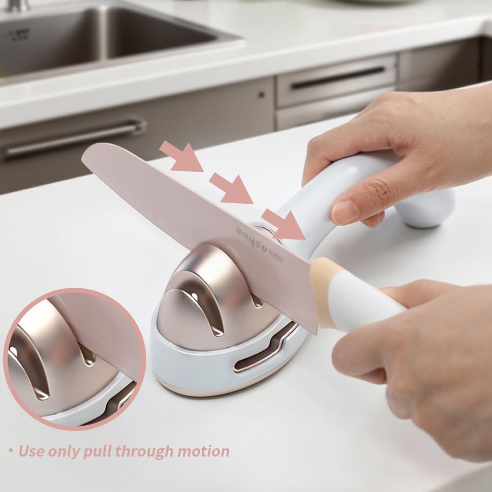 Knife Sharpener for Kitchen, Gold Pink Handheld Sharpener for Repairing and Polishing Kitchen Knives,Manual Sharpener Suitable for Various Kitchen Knives