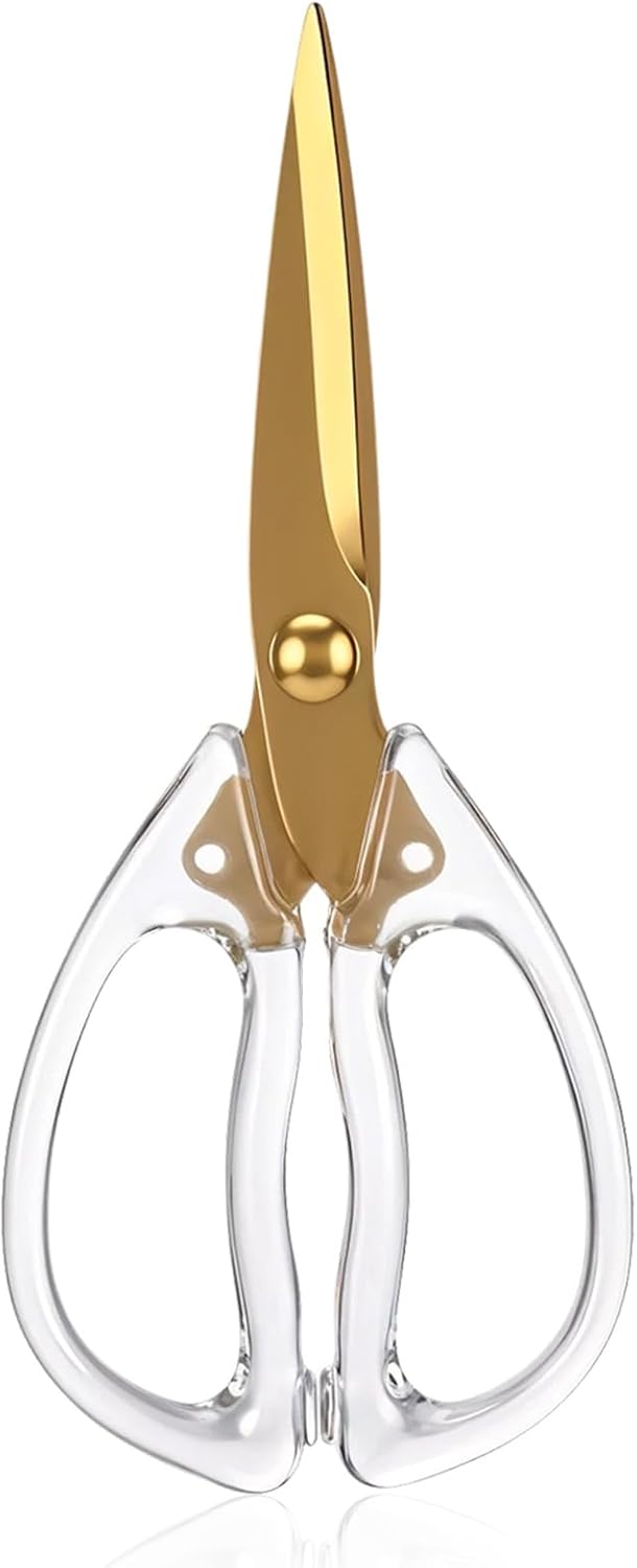 Kitchen Shears, 8 Inch Gold Scissor, Cooking Scissor, Cheese Scissors, Meat and Poultry Shears, Dishwasher Safe, Acrylic Handle Scissors, All Purpose Stainless Steel Utility Scissor（Clear）