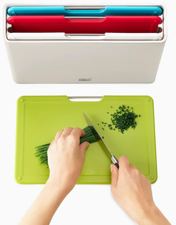 Joseph Joseph Folio Plastic Kitchen Cutting Board Set with Storage Case Color-Coded Easy-Access Design Dishwasher Safe Non-Slip, Large, Silver