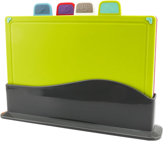 4-Piece Colorful Plastic Cutting Board Set with Storage Stand | Color-Coded | Non-Slip | Dishwasher Safe | Durable Large Food Chopping Boards