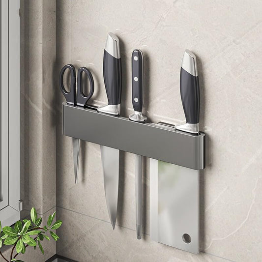 No-Drill Multi-Function Knife Holder (Carbon Steel Material), Wall-Mounted Storage Rack for Kitchen Utensils(7.87 inches) (Grey)