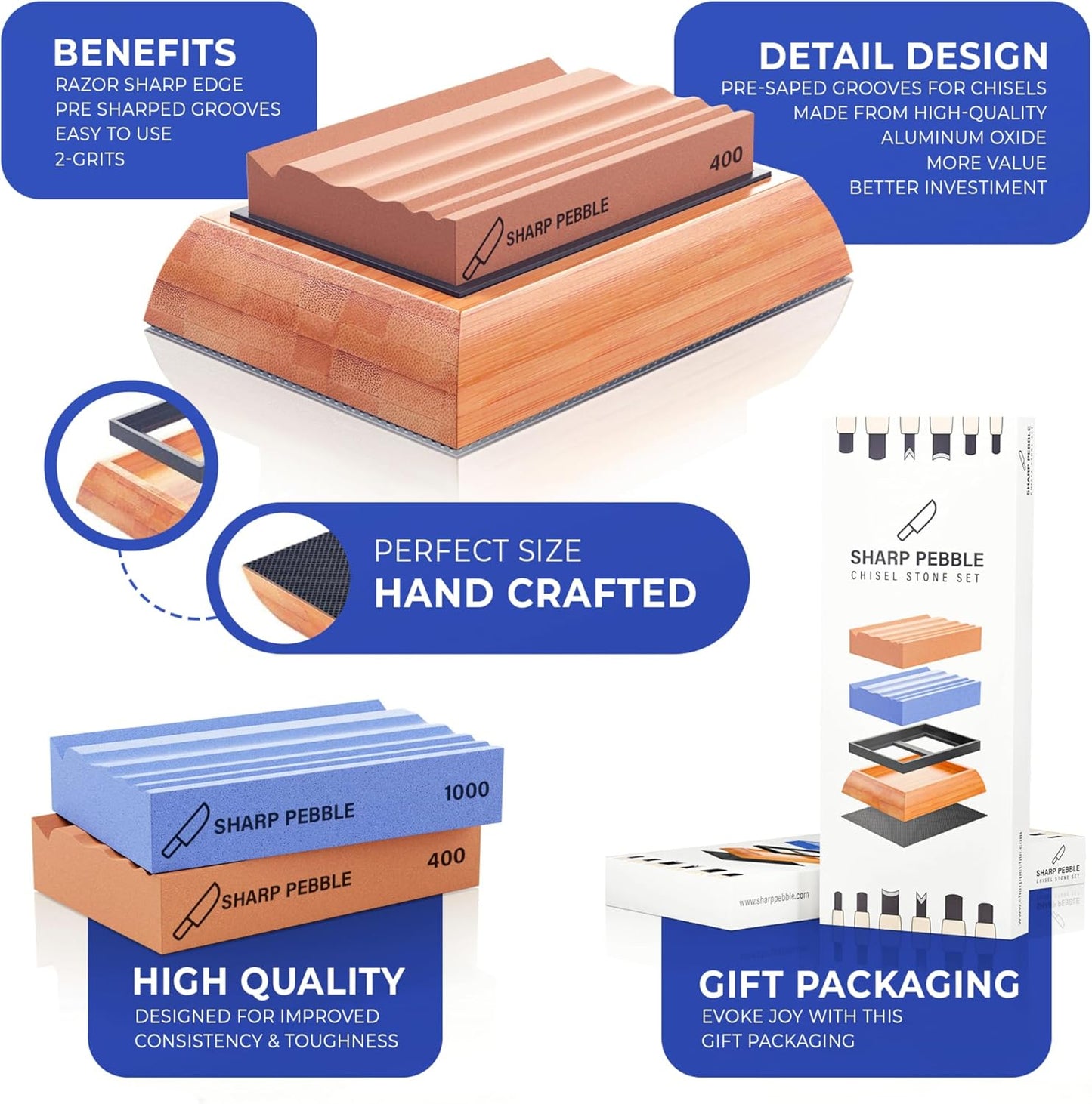 Grooved Sharpening Stones for Wood Carving Tools & Gouges | Grit 400 & 1000 Whetstone Sharpener- Multiple Grooves Match Contoured Chisels & Gouges with Non-Slip Bamboo Base