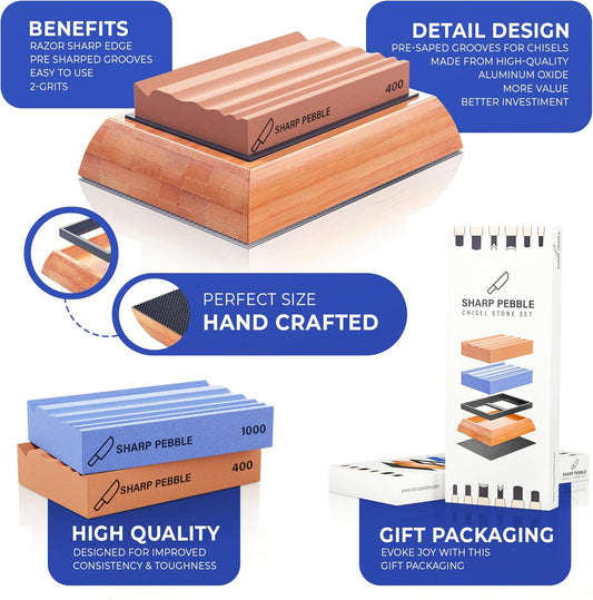 Grooved Sharpening Stones for Wood Carving Tools & Gouges | Grit 400 & 1000 Whetstone Sharpener- Multiple Grooves Match Contoured Chisels & Gouges with Non-Slip Bamboo Base