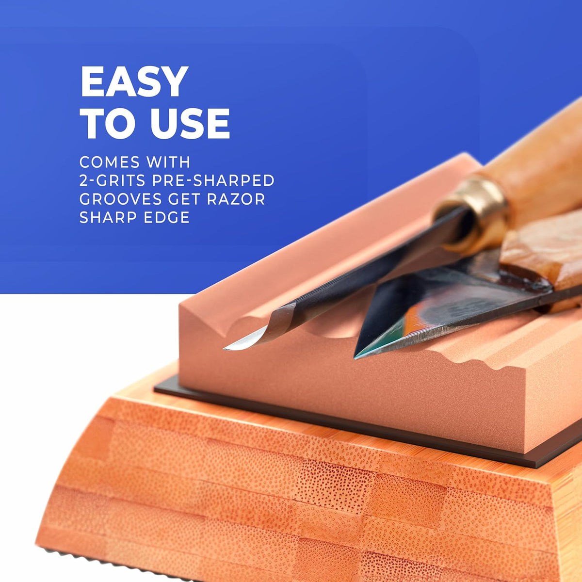 Grooved Sharpening Stones for Wood Carving Tools & Gouges | Grit 400 & 1000 Whetstone Sharpener- Multiple Grooves Match Contoured Chisels & Gouges with Non-Slip Bamboo Base