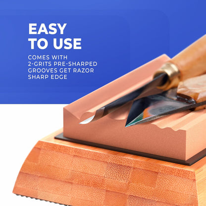 Grooved Sharpening Stones for Wood Carving Tools & Gouges | Grit 400 & 1000 Whetstone Sharpener- Multiple Grooves Match Contoured Chisels & Gouges with Non-Slip Bamboo Base