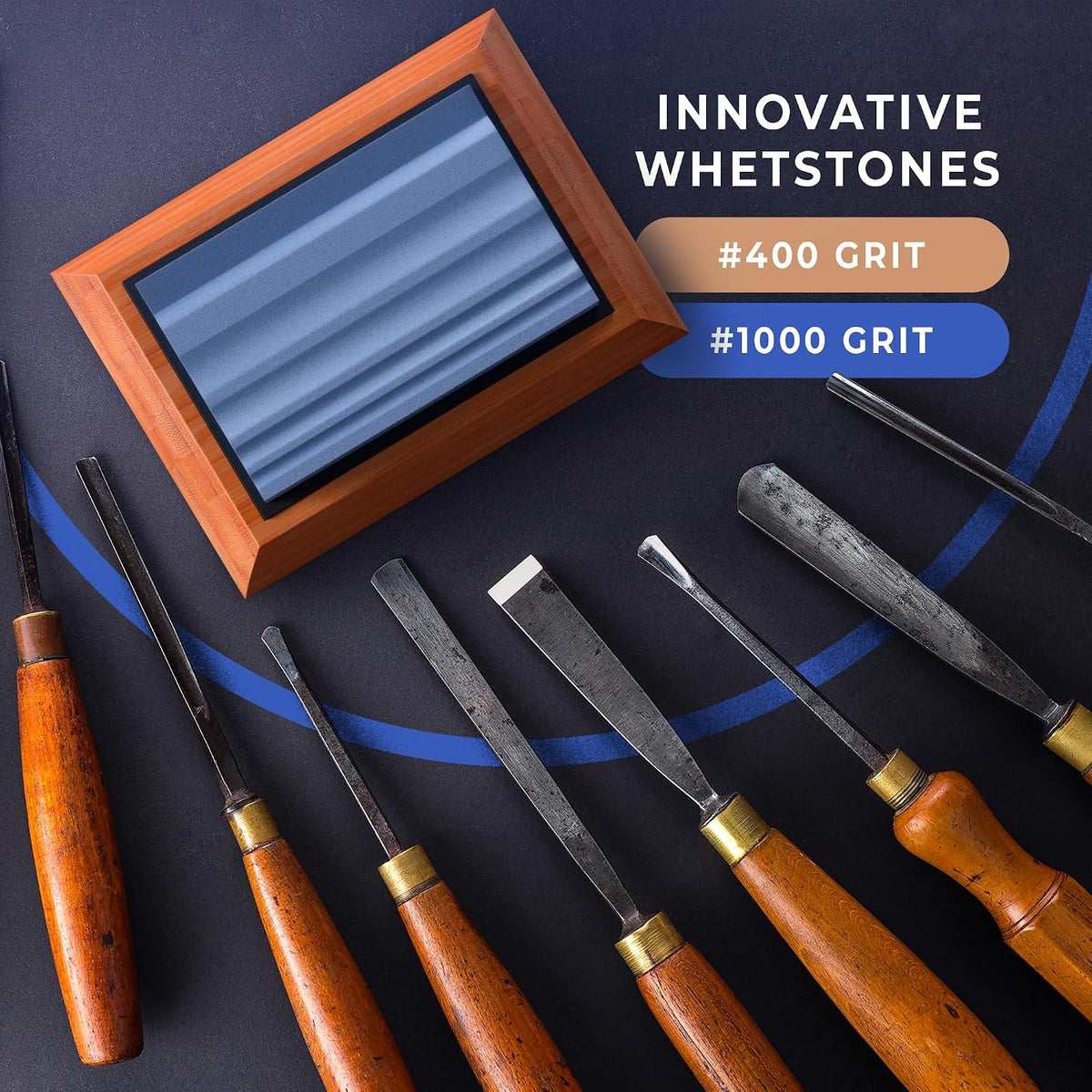 Grooved Sharpening Stones for Wood Carving Tools & Gouges | Grit 400 & 1000 Whetstone Sharpener- Multiple Grooves Match Contoured Chisels & Gouges with Non-Slip Bamboo Base
