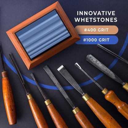 Grooved Sharpening Stones for Wood Carving Tools & Gouges | Grit 400 & 1000 Whetstone Sharpener- Multiple Grooves Match Contoured Chisels & Gouges with Non-Slip Bamboo Base