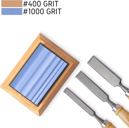 Grooved Sharpening Stones for Wood Carving Tools & Gouges | Grit 400 & 1000 Whetstone Sharpener- Multiple Grooves Match Contoured Chisels & Gouges with Non-Slip Bamboo Base