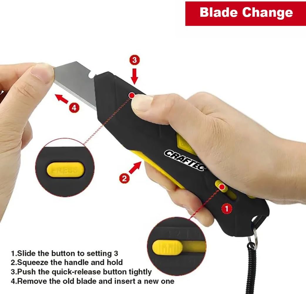 Craftec Retractable Utility Knife Box Cutter with Holster & Lanyard - The Ultimate Tool for Precise Cuts, 3 Blade Settings, Ergonomic Design, Left & Right Hand Friendly, Quick Blade Change CT5 (Blue)