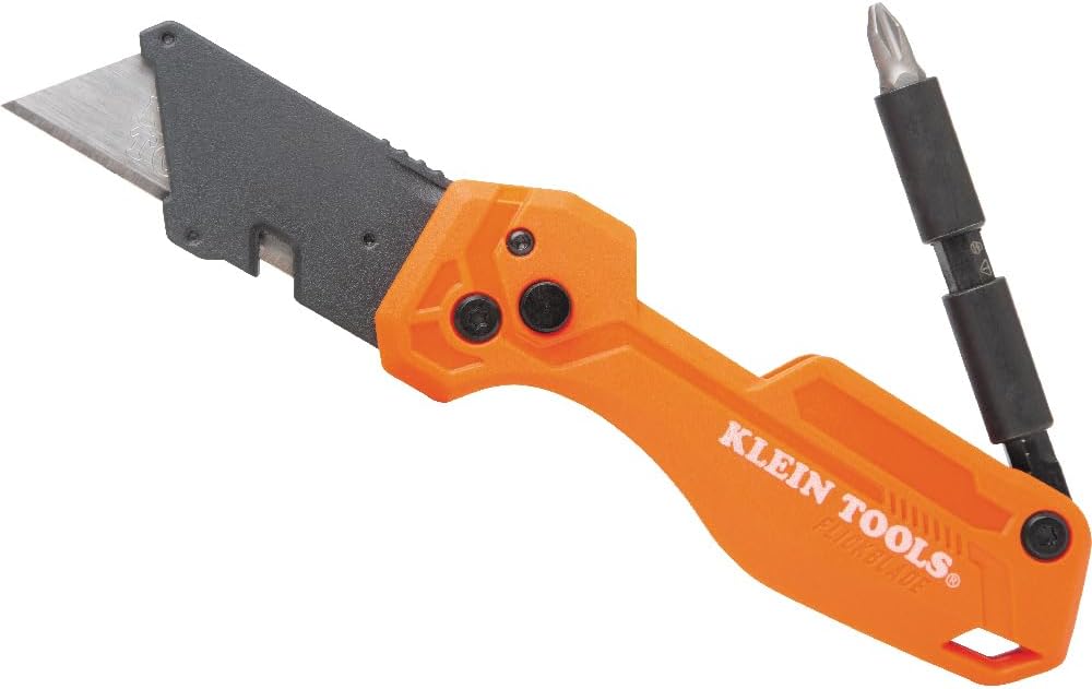 Klein Tools 44306 FLICKBLADE 2-in-1 Folding Utility Knife and Scraper with Built-In Blade Storage, Dual Locking Positions, Includes 3 Triple-Ground Carbon Steel Blades